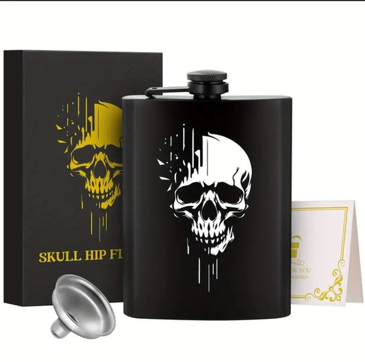 Black Skull Print Whisky Flask